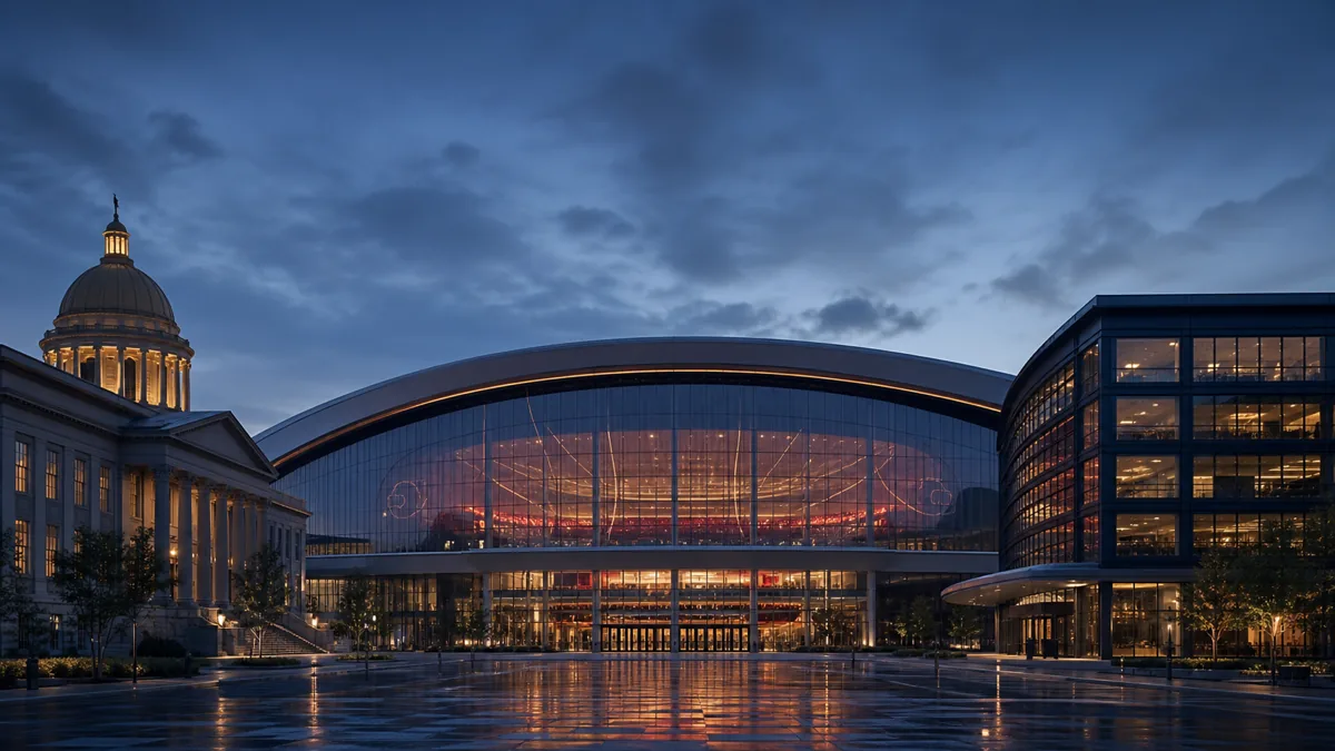 Basketball arena exterior divided between a city hall silhouette and a private ownership office
