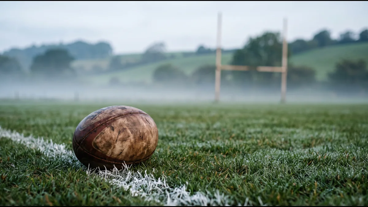 A scuffed leather rugby ball on dewy grass beside a painted white touchline at dawn, mist across the turf and wooden goalposts out of focus behind
