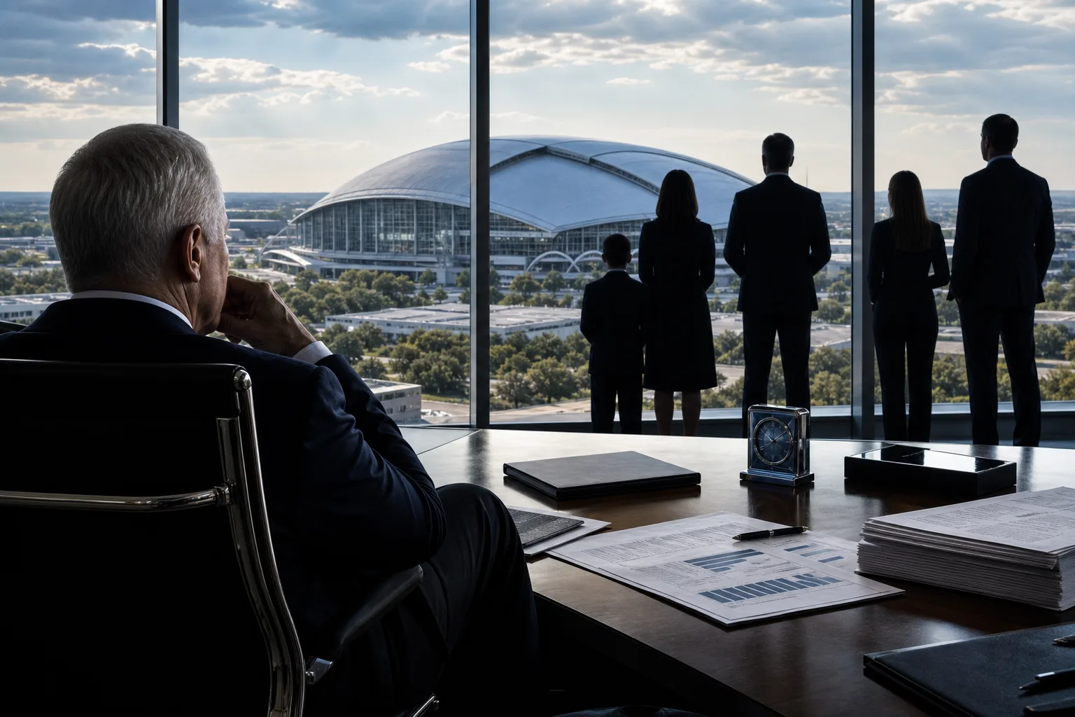 Anonymous football-club owner in a boardroom overlooking a stadium at dusk