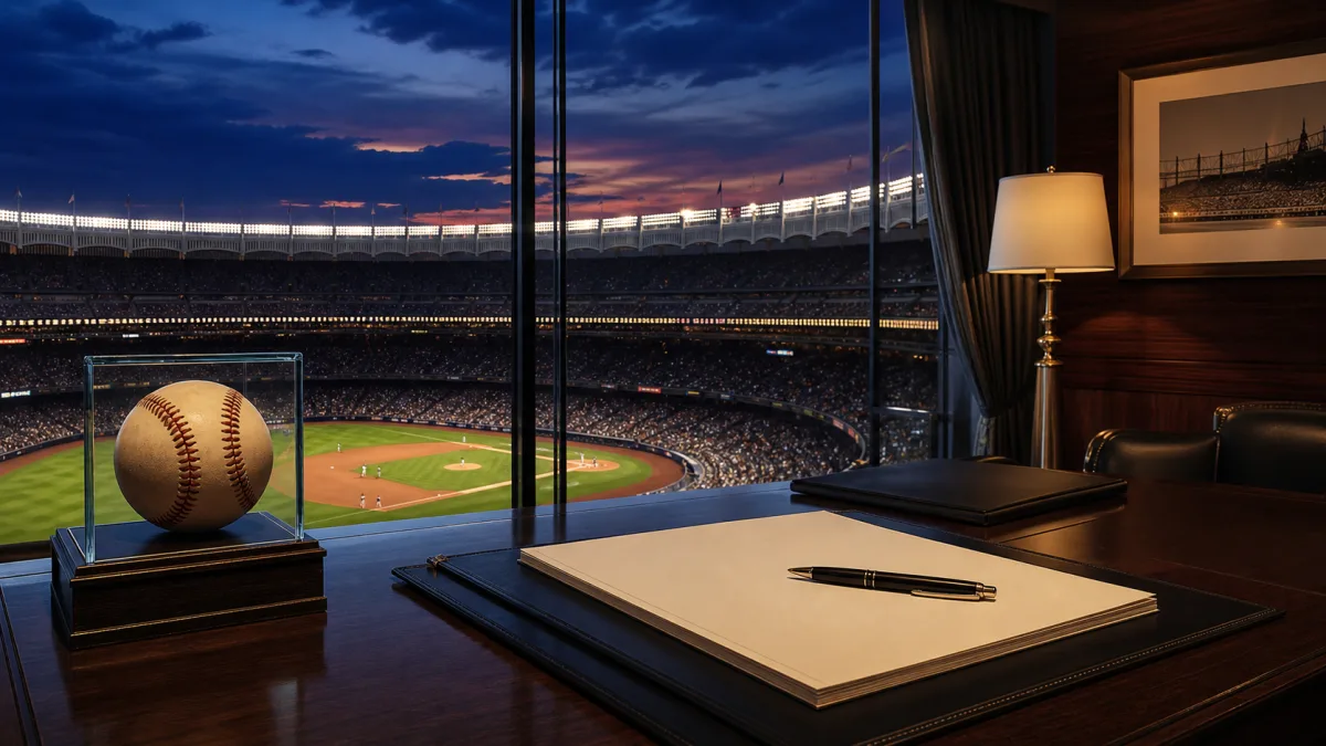 Executive suite overlooking a Bronx baseball stadium with a vintage baseball and investment papers