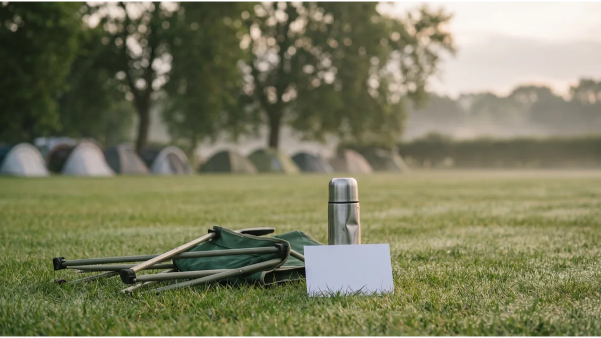 A folded canvas camp chair and thermos beside a numbered paper card on damp grass at dawn, with a queue of tents blurred behind under London plane trees