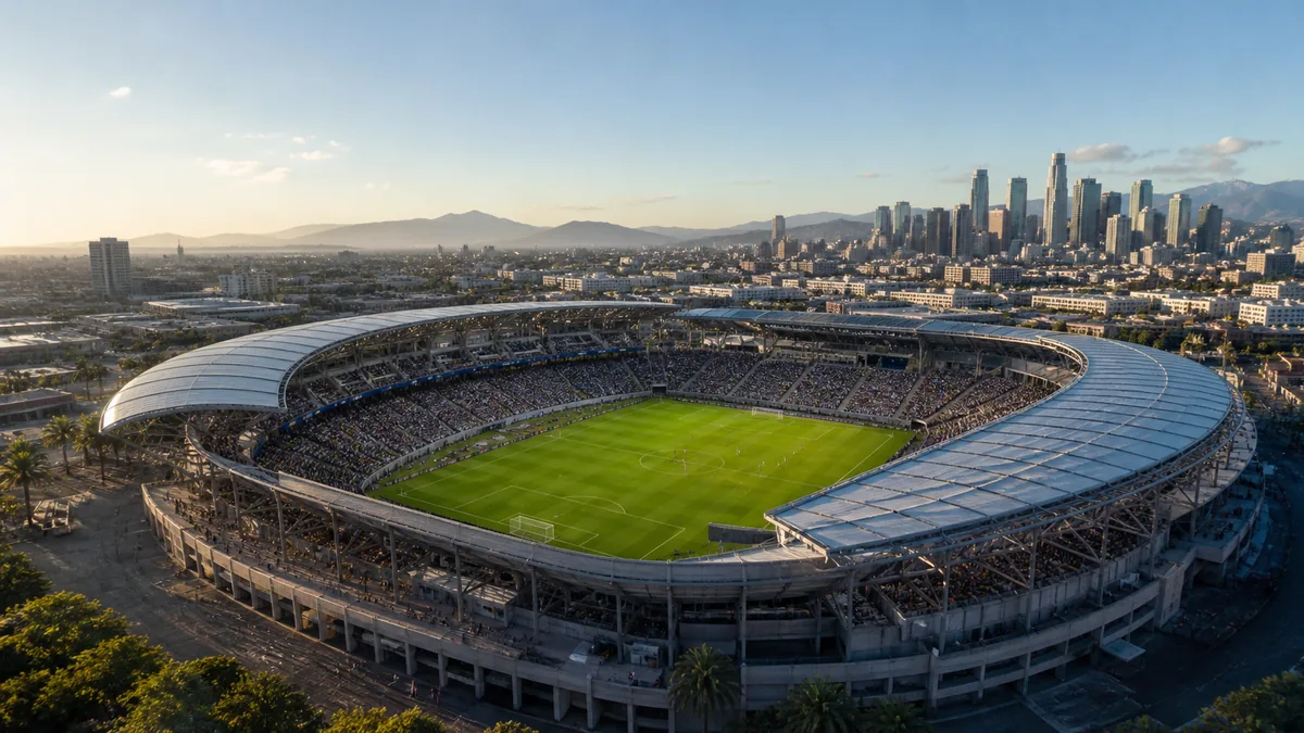 Aerial view of a large soccer stadium with a green pitch and North American city skyline