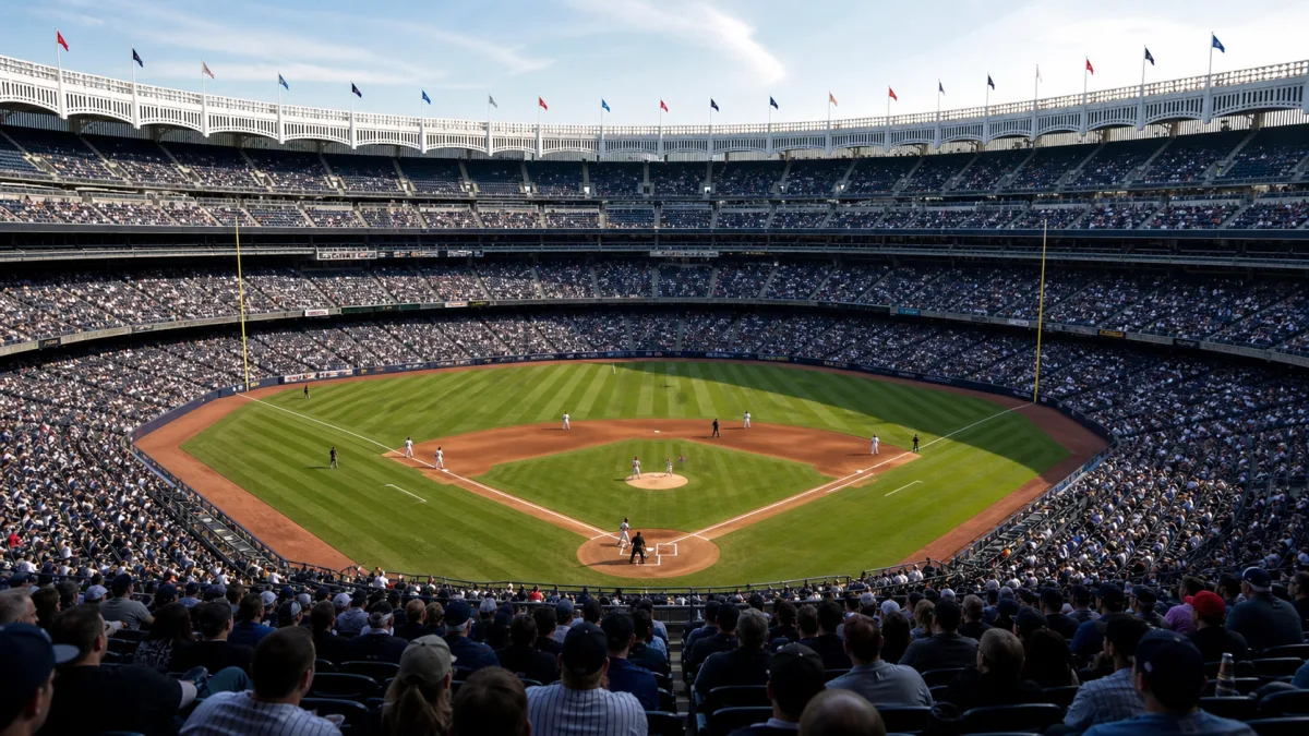 Grand Bronx baseball stadium with a green diamond, blue seating decks and white rooftop frieze